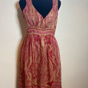 Boston Proper Red and Gold Paisley Midi Dress100%linnen Boho, breathable